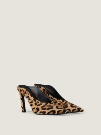 Mules med spidse hæle i læder med pony-look og leopardmønster