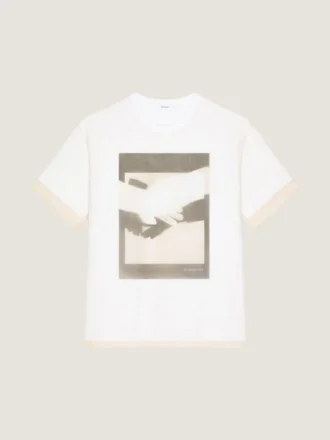 T-shirt i bomuld og organza med surrealistisk print